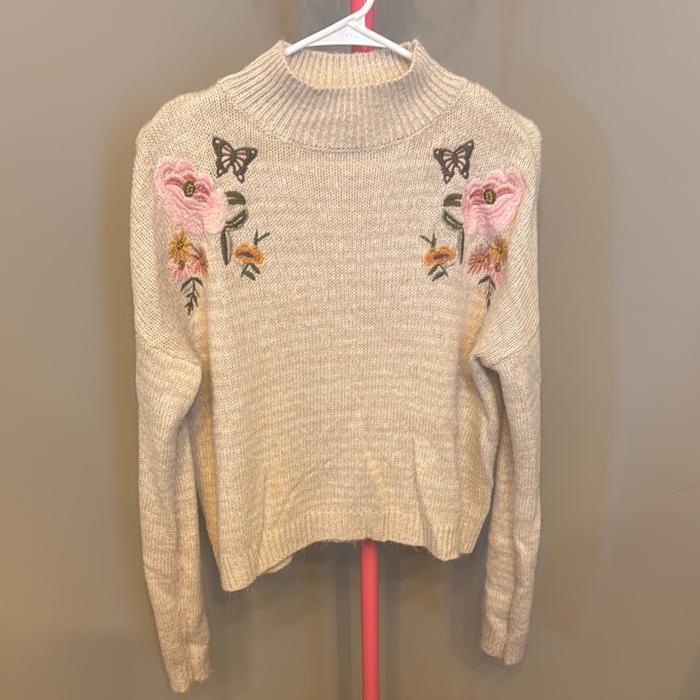 Cloud Chaser Cream and Pink Cowl Neck Sweater with Embroidery